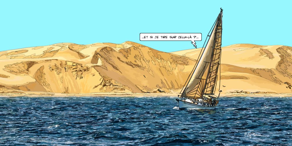 Voilier devant la dune du Pilat Arcachon — art Ligne Claire Bordeaux — Philippe Matine