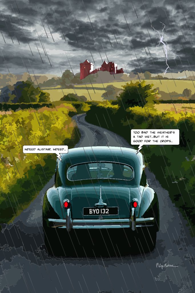 Jaguar XK150 route campagne — art Ligne Claire Motors — Philippe Matine