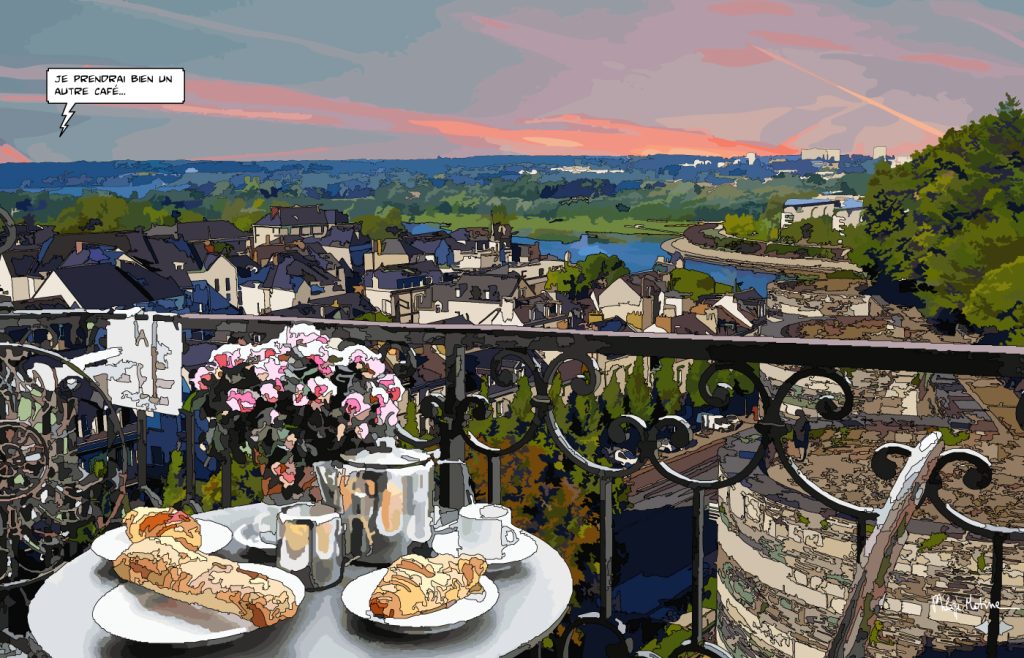 Balcon fleuri vue sur le château d'Angers — art Ligne Claire Angers — Philippe Matine
