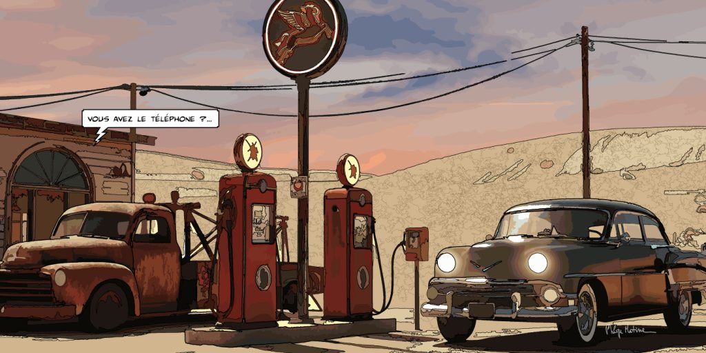 Station service américaine vintage — art Ligne Claire Motors — Philippe Matine