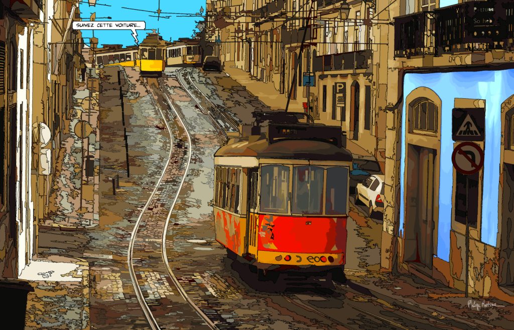 Tramway de Lisbonne rue en pente — art Ligne Claire — Portugal — Philippe Matine