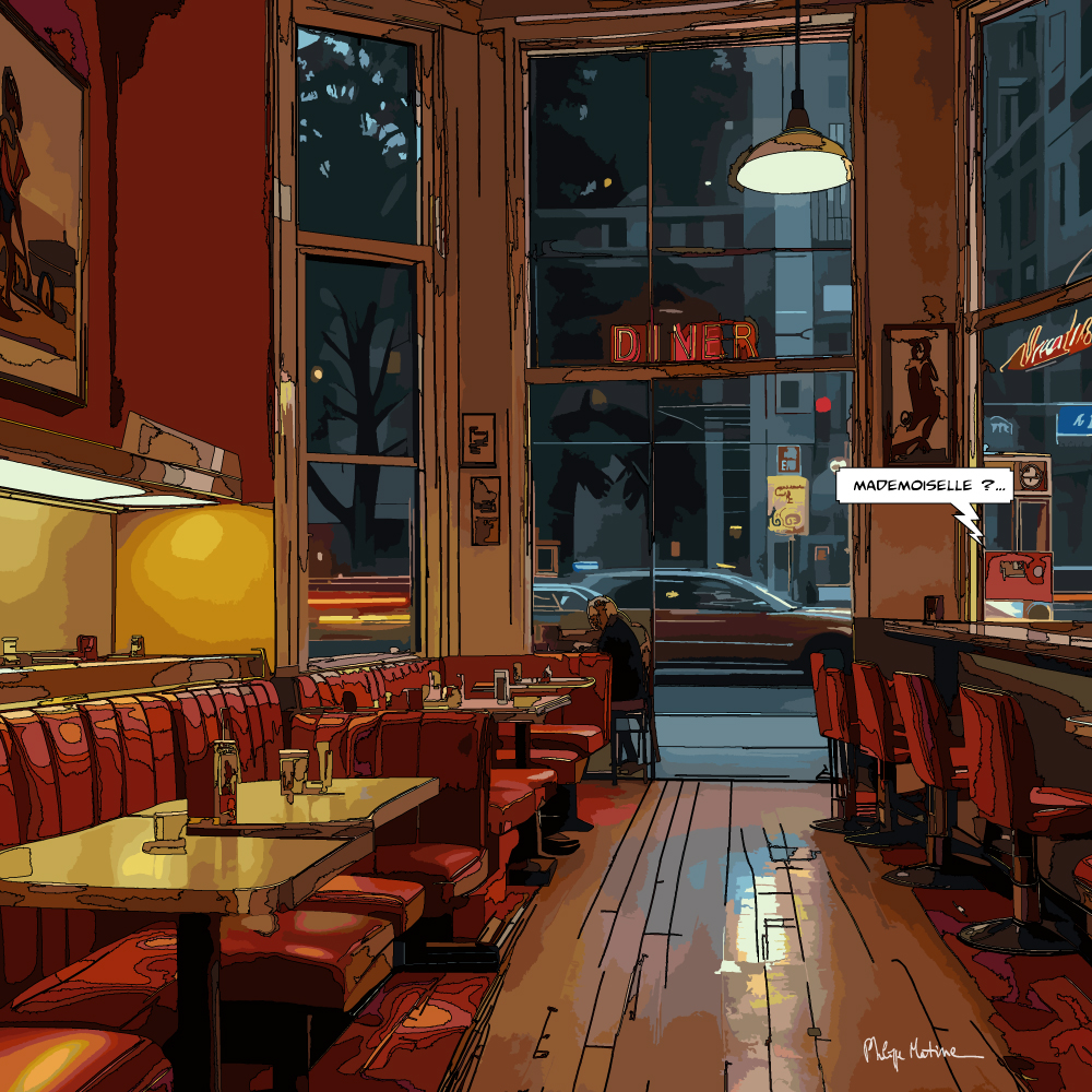 Restaurant américain vintage nuit ambiance — art Ligne Claire Intérieurs — Philippe Matine