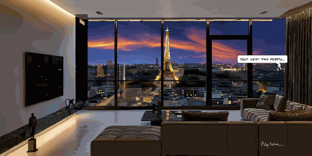 Loft parisien avec vue sur la Tour Eiffel la nuit — art Ligne Claire Paris — Philippe Matine