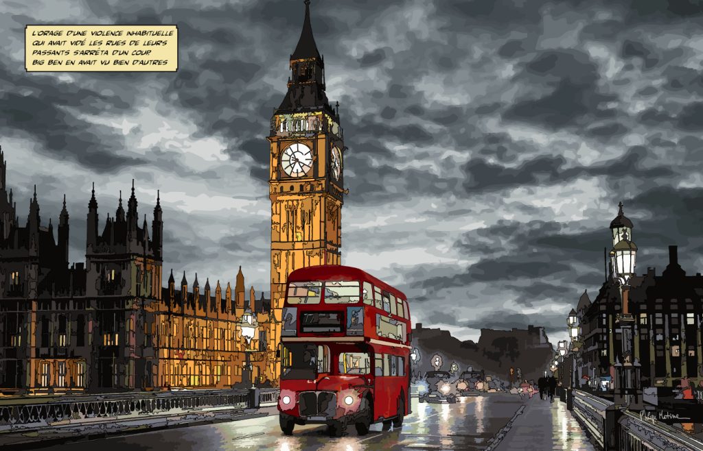 Bus rouge vintage Londres nuit Big Ben — art Ligne Claire London — Philippe Matine