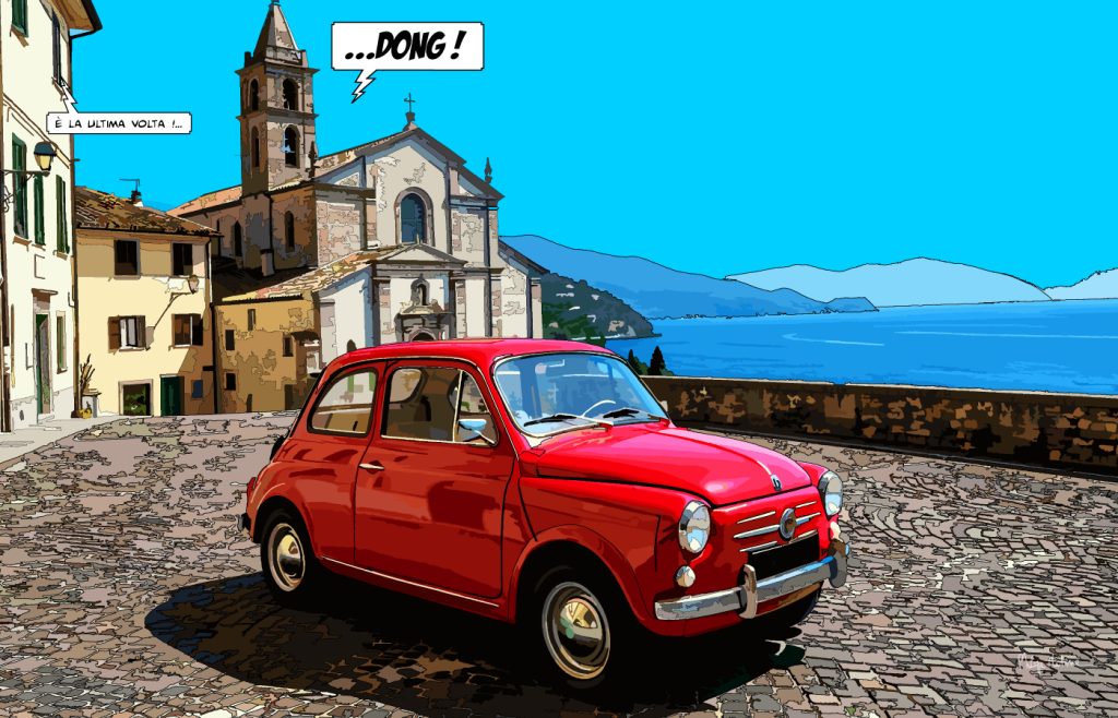 Fiat 600 rouge rues d'Italie — art Ligne Claire Motors — Philippe Matine