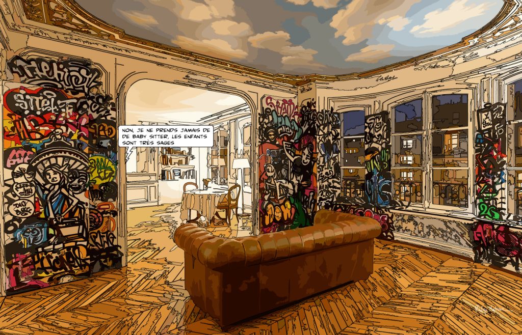 Salon parisien avec tags urbains — art Ligne Claire Paris — Philippe Matine