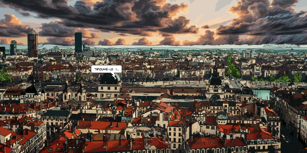Lyon vue plongeante sur la ville avec l'orage qui gronde— art Ligne Claire Lyon— Philippe Matine