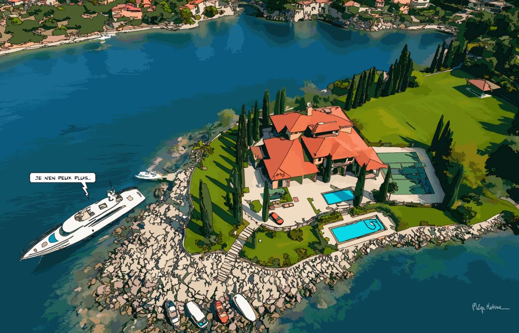 Côte amalfitaine, superbe villa "pieds dans l'eau" vue d'un drone — art Ligne Claire — Italia — Philippe Matine