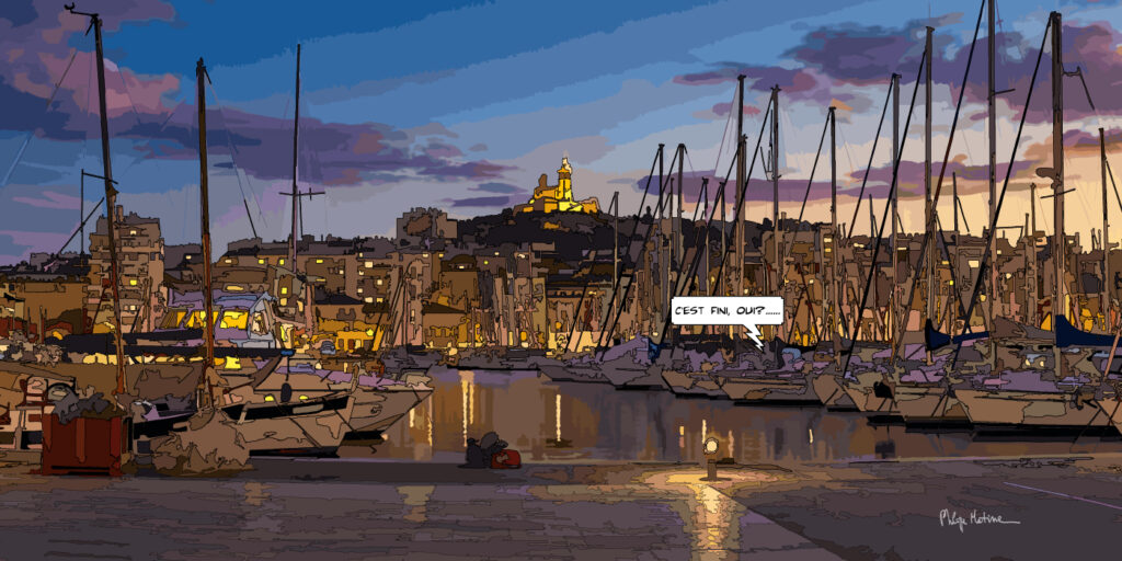 vieux-Port de Marseille coucher de soleil — art Ligne Claire Marseille — Philippe Matine