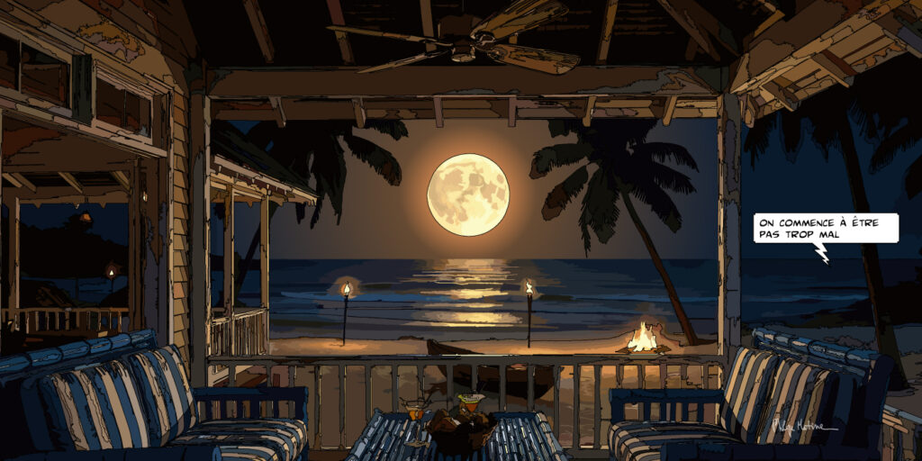 La Playa lever de Lune sur la plage "pas trop mal" — Philippe Matine — art Ligne Claire