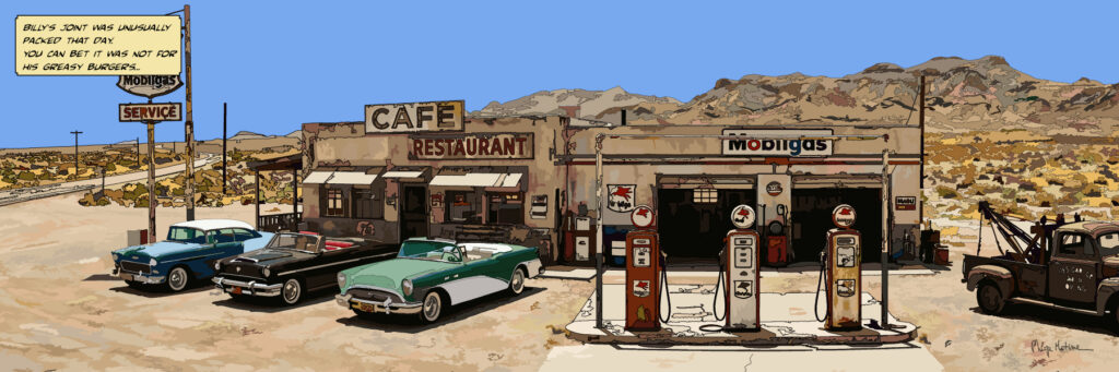 Service station desert— art Ligne Claire — West — Philippe Matine