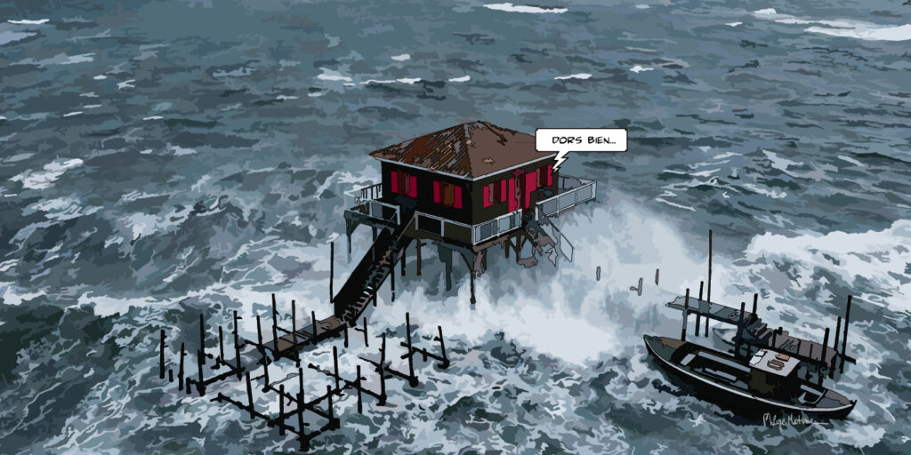 Arcachon tchanquée tempête DORS BIEN — art Ligne Claire — Philippe Matine