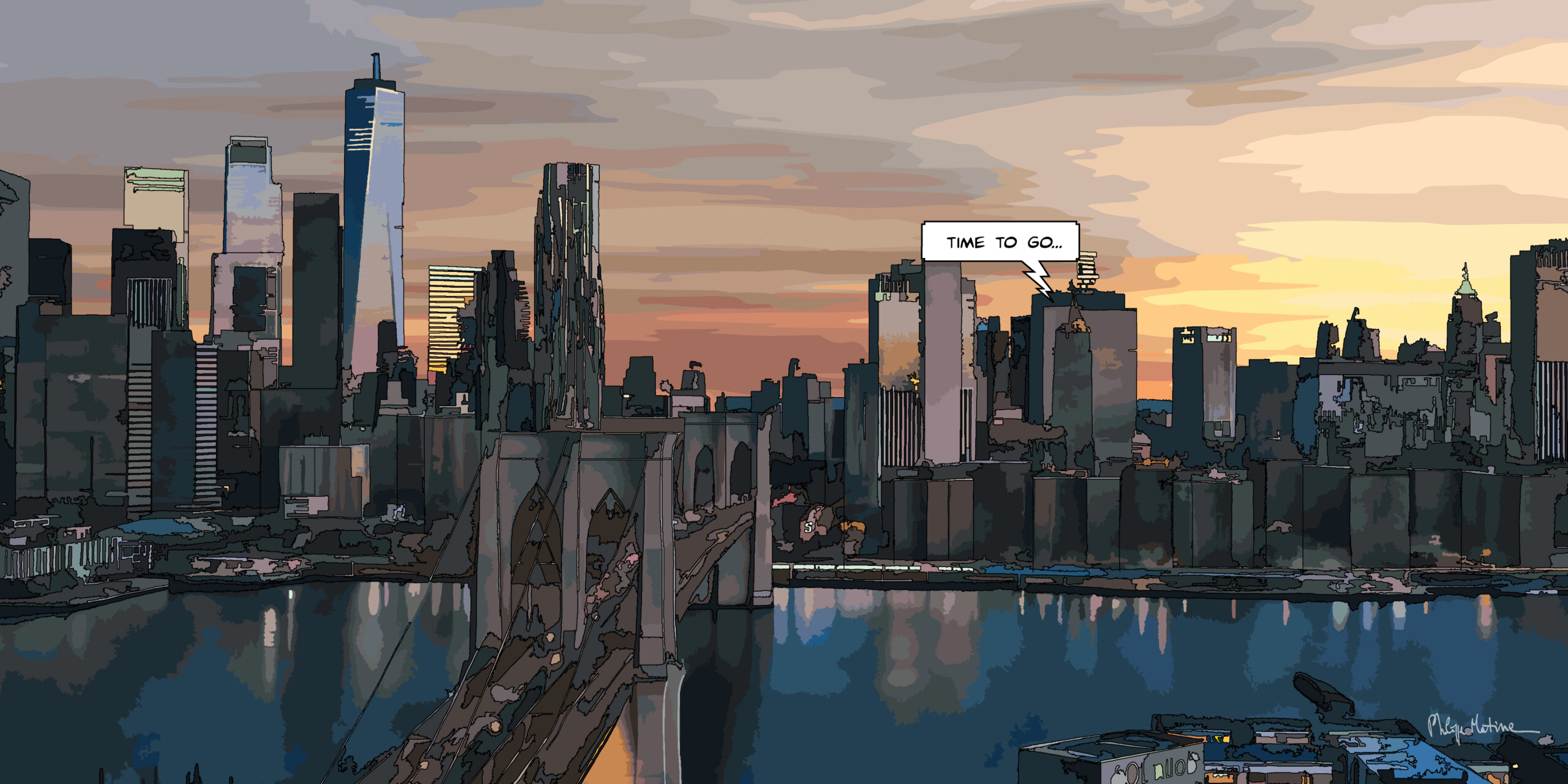Brooklyn bridge dusk — art Ligne Claire — New York Philippe Matine