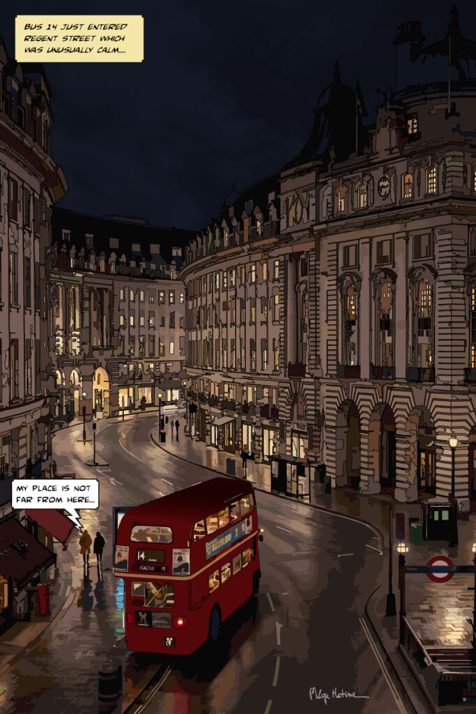 Regent street à Londres de nuiut avec un ancien bus — art Ligne Claire London — Philippe Matine