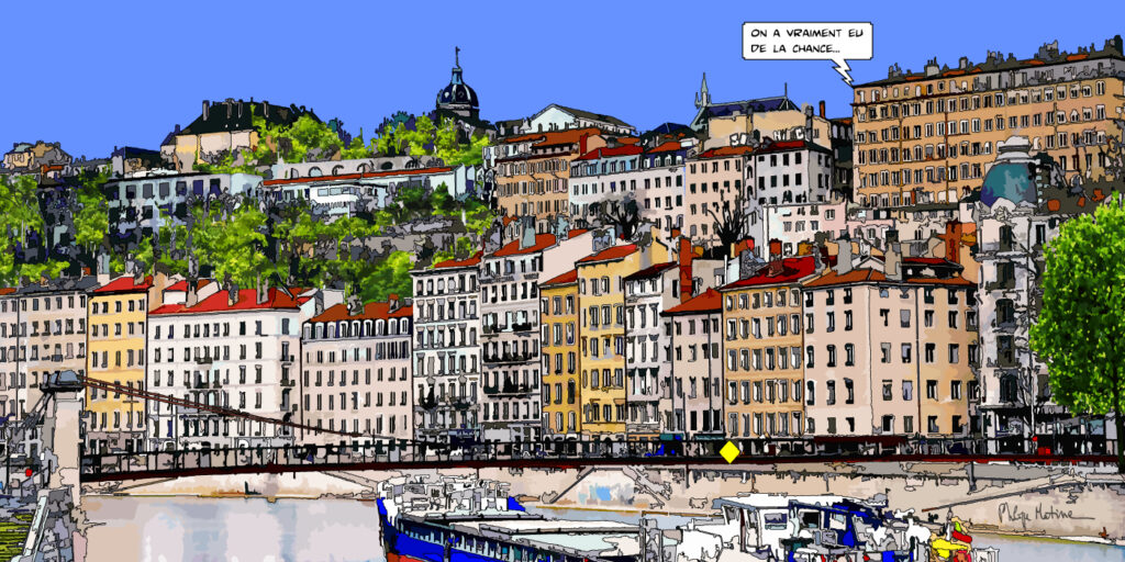 Lyon // quais de Saône avec un bateau bleu "...de la chance"
